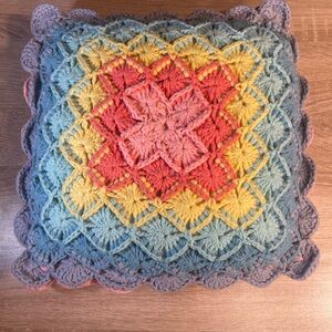 Handmade vintage Crochet Gradient Pillow - Coral, Yellow, Teal, Gray